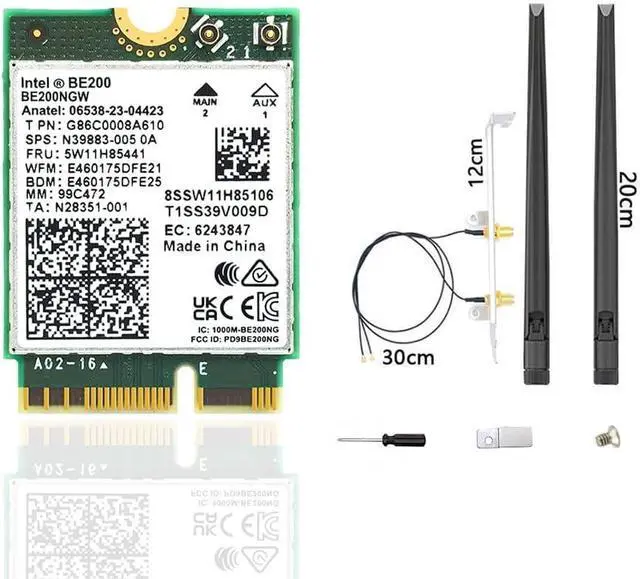 Main image of WiFi 7 BE200 NGW Wireless Card, Tri-Band 6GHz/5GHz/2.4GHz M.2 NGFF Bluetooth 5.4, Includes Ipex Cable, 8dBi Antennas and Brackets Support Windows 10/11(64 bit)/Linux, Not Support AMD. (with Antennas)