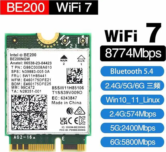 Alt view image 6 of 7 - WiFi 7 BE200 NGW Wireless Card, Tri-Band 6GHz/5GHz/2.4GHz M.2 NGFF Bluetooth 5.4, Includes Ipex Cable, 8dBi Antennas and Brackets Support Windows 10/11(64 bit)/Linux, Not Support AMD. (with Antennas)