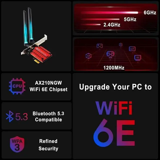 Alt view image 4 of 7 - WiFi 6E AX210 WiFi Card, PCIe WiFi Wireless Network Card with Bluetooth 5.3,AX5400 Tri-Band PC Wireless Card,Supports OFDMA & MU-MIMO, Ultra-Low Latency, WPA3, Low-Profile Bracket, Windows 10/11