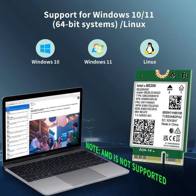 Alt view image 7 of 7 - WiFi 7 Wireless Card Intel BE200NGW, Bluetooth 5.4, 5800Mbps M.2/NGFF Network Support Windows 10/11 (64bit), Linux. (AMD is not Supported). Ideal for WiFi7/WiFi6E/WiFi6/WiFi5 Router and Wireless AP