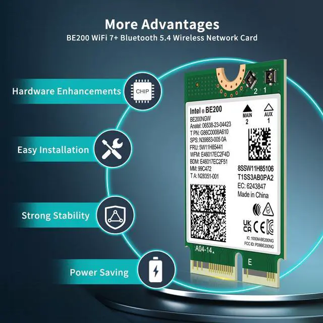 Alt view image 6 of 7 - WiFi 7 Wireless Card Intel BE200NGW, Bluetooth 5.4, 5800Mbps M.2/NGFF Network Support Windows 10/11 (64bit), Linux. (AMD is not Supported). Ideal for WiFi7/WiFi6E/WiFi6/WiFi5 Router and Wireless AP