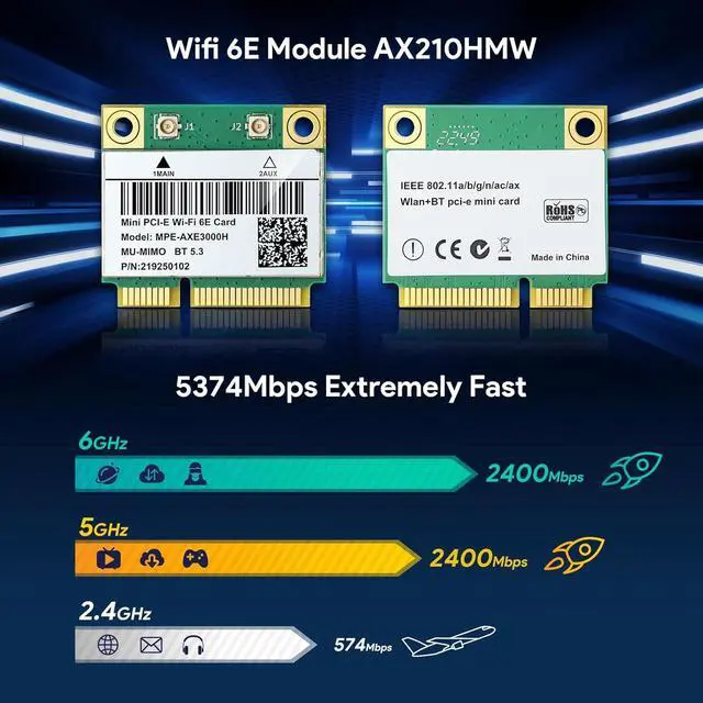 Alt view image 2 of 6 - AX210HMW WiFi Card, Wi-Fi 6E Laptop Wireless Card Mini PCIE Interface, Tri-Band Wireless Module for Laptop, 802.11AX WiFi Adapter with Bluetooth 5.3, MU-MIMO, Supports Windows 11/10 (64bit)/Linux
