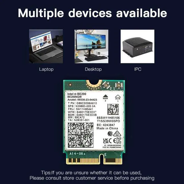 Alt view image 7 of 7 - BONAEVER BE200 Bluetooth 5.4 Wi-Fi 7 Card BE200NGW Desktop Kit 2.4/5/6 GHz 802.11BE 8774Mbps Wrieless Adapter for Windows 11 Desktop PC with Antennas Not Support AMD Motherboards