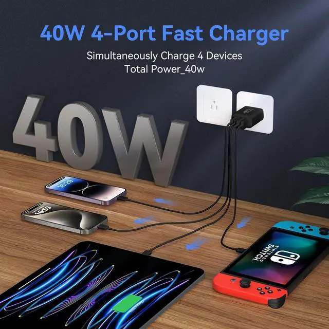 Alt view image 6 of 7 - 2 Pack USB C Wall Fast Charger Block, 40W 4-Port Type C Charger Fast Charging Blocks PD Power Charger Adapter+QC 3.0 USB Multiport Charger Brick for iPhone 16/15/14/13/12 Pro Max, iPad, Galaxy S25 S24