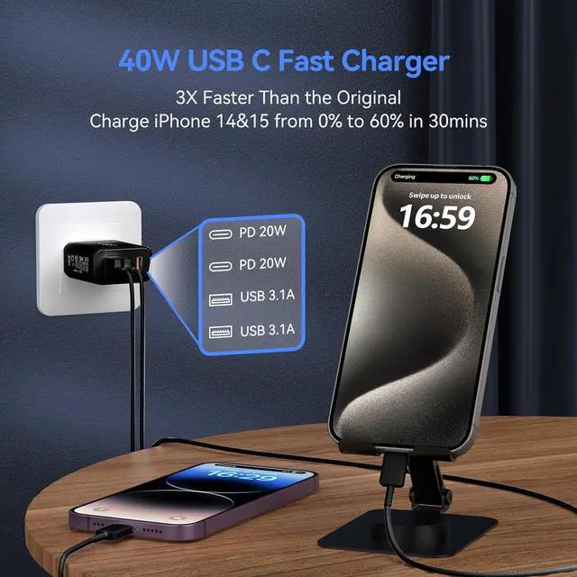 Alt view image 3 of 7 - 2 Pack USB C Wall Fast Charger Block, 40W 4-Port Type C Charger Fast Charging Blocks PD Power Charger Adapter+QC 3.0 USB Multiport Charger Brick for iPhone 16/15/14/13/12 Pro Max, iPad, Galaxy S25 S24