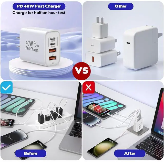 Alt view image 3 of 7 - BONAEVER 10FT iPhone 16 15 Pro Charger, 2Pack 10Foot USB C to C Cable Cord 40W USB C Apple Charger 4 Port PD AC Charger Block Fast Charging for iPhone 16/16 Pro/16 Pro Max/16 Plus/15/15 Pro/15Pr/iPad
