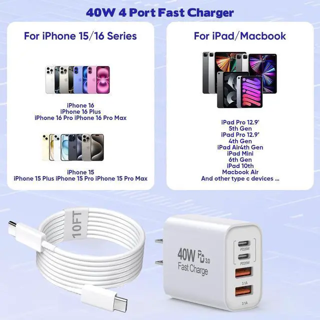 Alt view image 4 of 7 - BONAEVER 10FT iPhone 16 15 Pro Charger, 2Pack 10Foot USB C to C Cable Cord 40W USB C Apple Charger 4 Port PD AC Charger Block Fast Charging for iPhone 16/16 Pro/16 Pro Max/16 Plus/15/15 Pro/15Pr/iPad