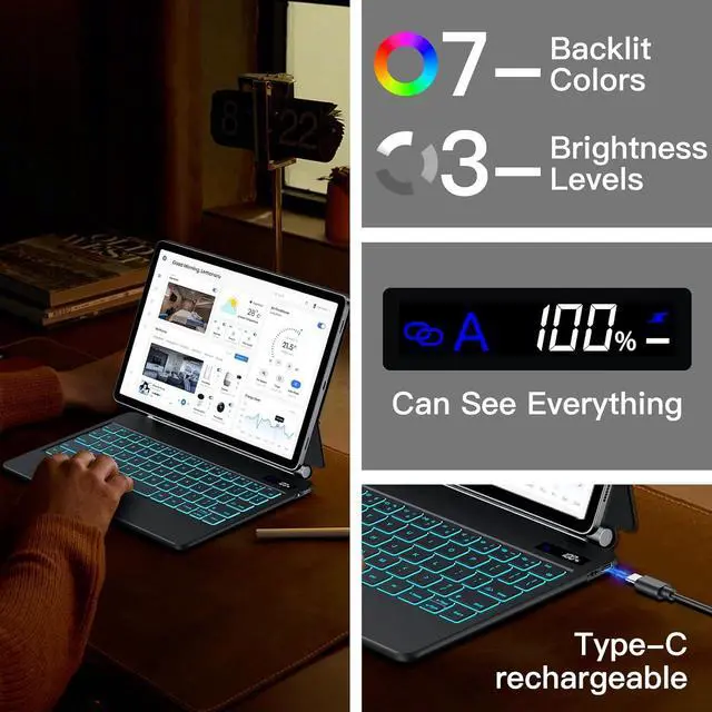 Alt view image 6 of 7 - BONAEVER Magic Keyboard Case for Samsung Galaxy Tab S10 Plus/S9 Plus/S9 FE Plus/S8 Plus/S7 Plus/S7 FE 12.4 inch with Floating Magnetic Stand, Backlit, Smart Touchpad, Pen Holder, LED Display