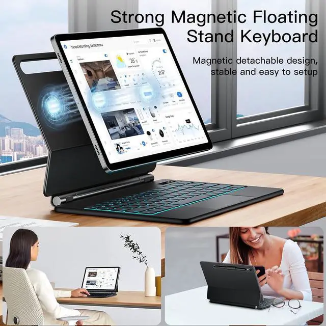 Alt view image 3 of 7 - BONAEVER Magic Keyboard Case for Samsung Galaxy Tab S10 Plus/S9 Plus/S9 FE Plus/S8 Plus/S7 Plus/S7 FE 12.4 inch with Floating Magnetic Stand, Backlit, Smart Touchpad, Pen Holder, LED Display