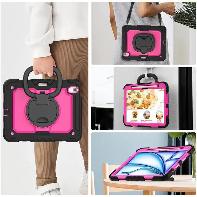 Alt view image 5 of 7 - BONAEVER Case for iPad Air 11 inch M2 M3 2025 2024 6th 7th Generation, Shockproof Protective Cover with Screen Protector, Rotating Stand, Hand/Shoulder Strap, Pencil Holder Rose Red