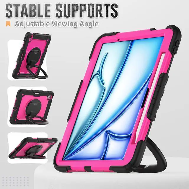 Alt view image 4 of 7 - BONAEVER Case for iPad Air 11 inch M2 M3 2025 2024 6th 7th Generation, Shockproof Protective Cover with Screen Protector, Rotating Stand, Hand/Shoulder Strap, Pencil Holder Rose Red