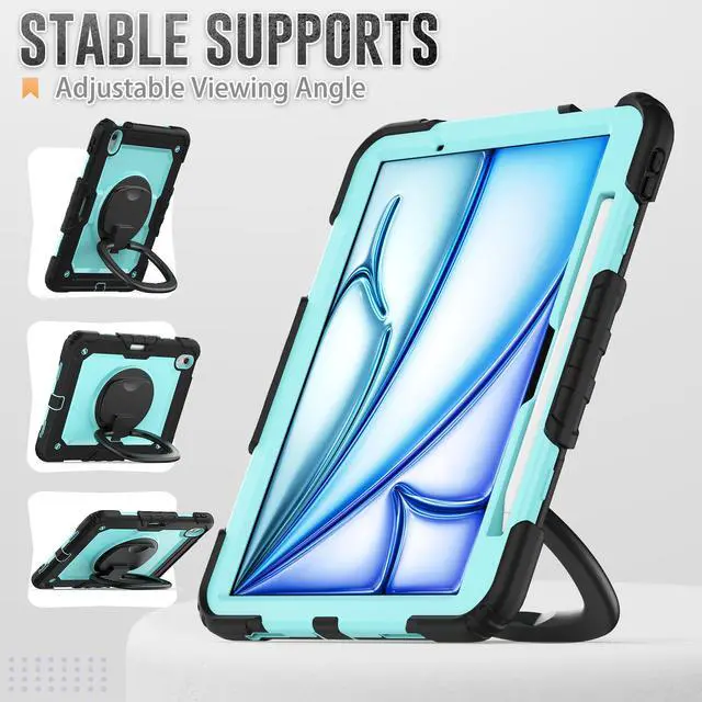 Alt view image 3 of 7 - BONAEVER Case for iPad Air 11 inch M2 M3 2025 2024 6th 7th Generation, Shockproof Protective Cover with Screen Protector, Rotating Stand, Hand/Shoulder Strap, Pencil Holder Light Blue