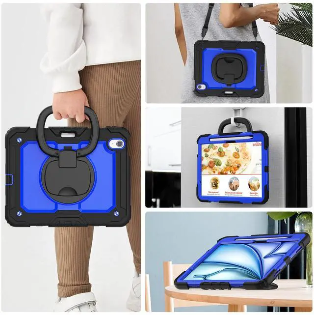 Alt view image 6 of 7 - BONAEVER Case for iPad Pro 11 Inch 2024 M4 2024 5th Generation A2836 A2837 A3006, Shockproof Protective Cover with Screen Protector, Rotating Stand, Hand/Shoulder Strap, Pencil Holder Blue