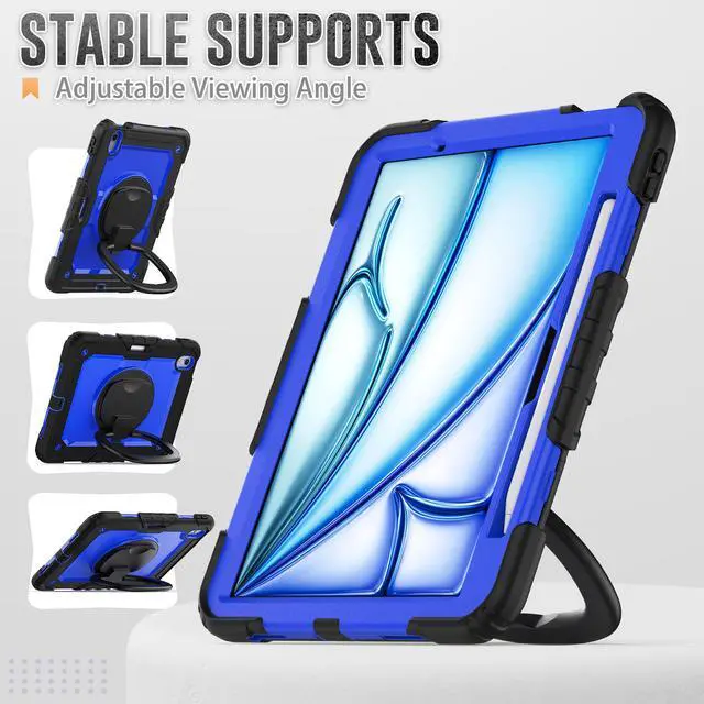 Alt view image 4 of 7 - BONAEVER Case for iPad Pro 11 Inch 2024 M4 2024 5th Generation A2836 A2837 A3006, Shockproof Protective Cover with Screen Protector, Rotating Stand, Hand/Shoulder Strap, Pencil Holder Blue