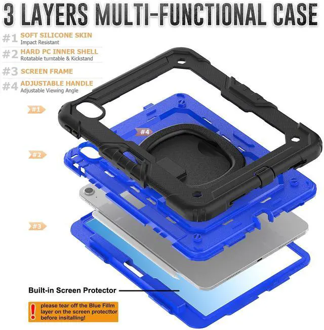Alt view image 5 of 7 - BONAEVER Case for iPad Pro 11 Inch 2024 M4 2024 5th Generation A2836 A2837 A3006, Shockproof Protective Cover with Screen Protector, Rotating Stand, Hand/Shoulder Strap, Pencil Holder Blue
