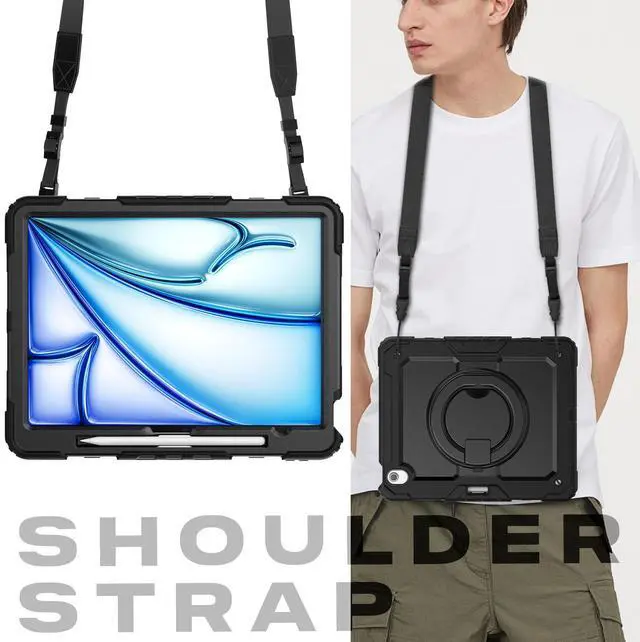 Alt view image 7 of 7 - BONAEVER Case for iPad Air 13 inch M3 2025 / M2 2024 with Built-in Screen Protector, 360° Rotating Stand, Pencil Holder, Adjustable Shoulder Strap, Pencil Holder