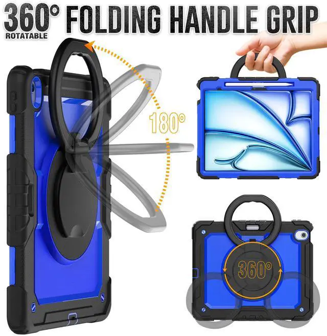 Alt view image 2 of 7 - BONAEVER Case for iPad Air 13 inch M3 2025 / M2 2024 with Built-in Screen Protector, 360° Rotating Stand, Pencil Holder, Adjustable Shoulder Strap, Pencil Holder Blue