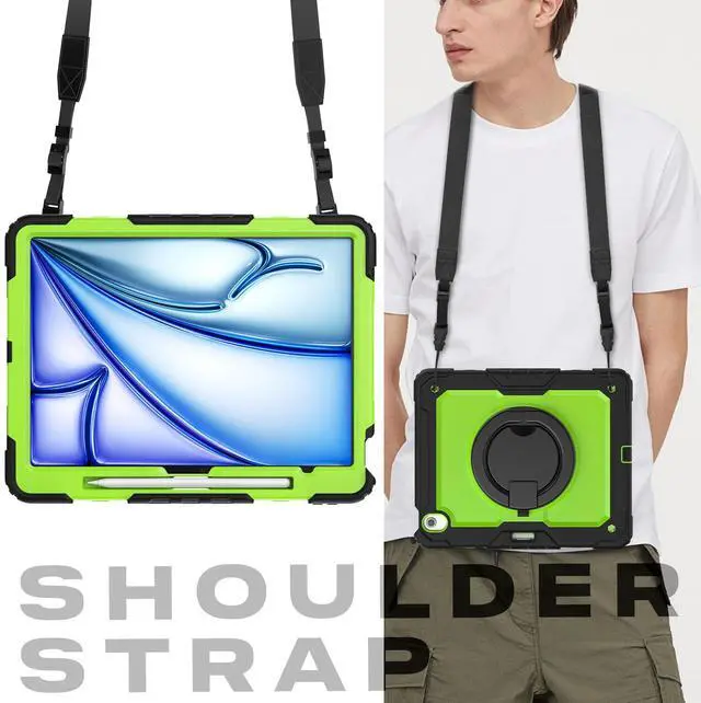 Alt view image 7 of 7 - BONAEVER Case for iPad Air 13 inch M3 2025 / M2 2024 with Built-in Screen Protector, 360° Rotating Stand, Pencil Holder, Adjustable Shoulder Strap, Pencil Holder Green