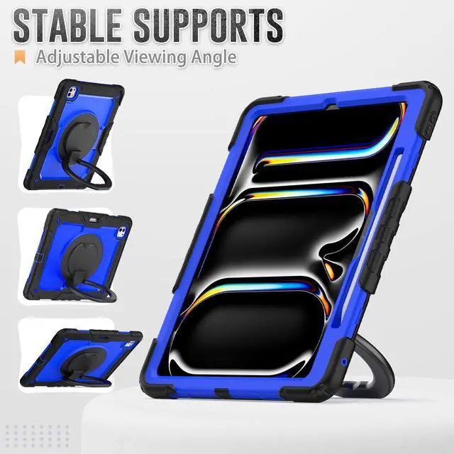 Alt view image 4 of 7 - BONAEVER Case for iPad Pro 13 Inch M4 7th Generation 2024 A2925 A2926 A3007 with Built-in Screen Protector, 360° Rotating Stand, Pencil Holder, Adjustable Shoulder Strap, Pencil Holder Blue