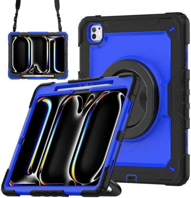 Main image of BONAEVER Case for iPad Pro 13 Inch M4 7th Generation 2024 A2925 A2926 A3007 with Built-in Screen Protector, 360° Rotating Stand, Pencil Holder, Adjustable Shoulder Strap, Pencil Holder Blue