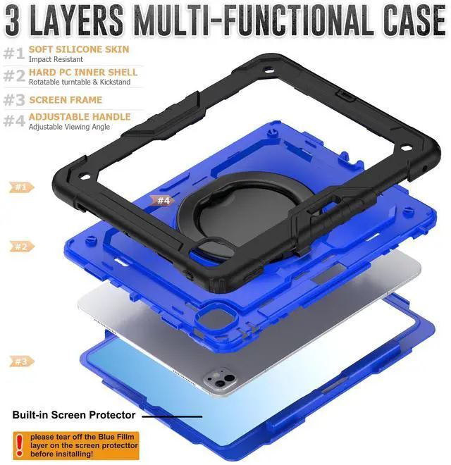 Alt view image 5 of 7 - BONAEVER Case for iPad Pro 13 Inch M4 7th Generation 2024 A2925 A2926 A3007 with Built-in Screen Protector, 360° Rotating Stand, Pencil Holder, Adjustable Shoulder Strap, Pencil Holder Blue