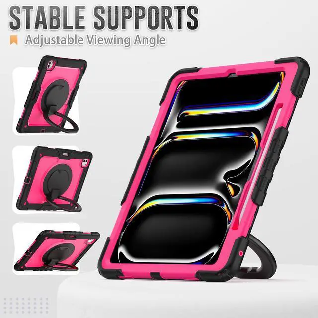Alt view image 4 of 7 - BONAEVER Case for iPad Pro 13 Inch M4 7th Generation 2024 A2925 A2926 A3007 with Built-in Screen Protector, 360° Rotating Stand, Pencil Holder, Adjustable Shoulder Strap, Pencil Holder Rose Red