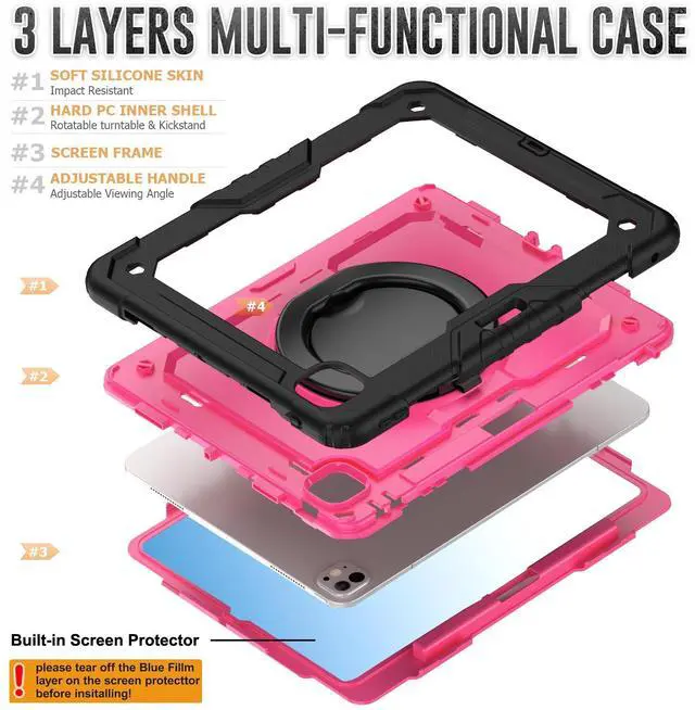 Alt view image 5 of 7 - BONAEVER Case for iPad Pro 13 Inch M4 7th Generation 2024 A2925 A2926 A3007 with Built-in Screen Protector, 360° Rotating Stand, Pencil Holder, Adjustable Shoulder Strap, Pencil Holder Rose Red