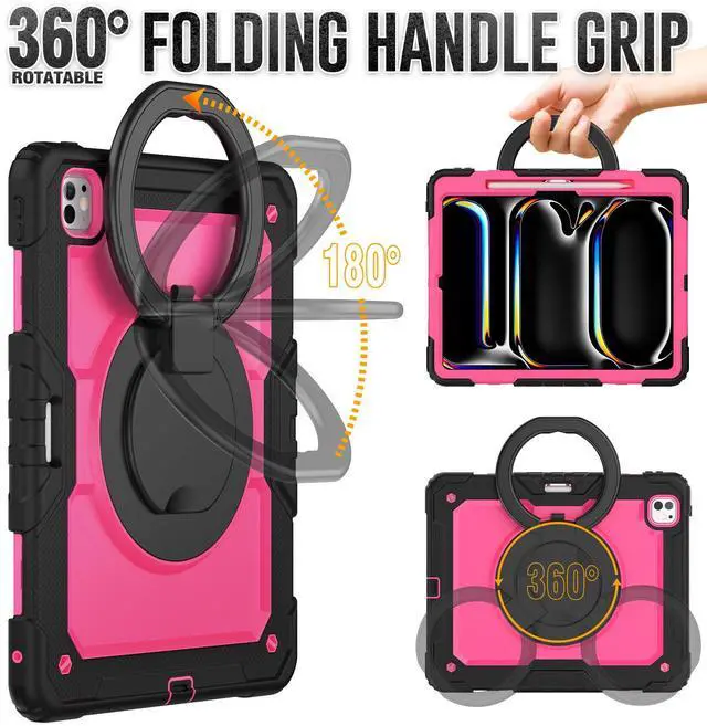 Alt view image 2 of 7 - BONAEVER Case for iPad Pro 13 Inch M4 7th Generation 2024 A2925 A2926 A3007 with Built-in Screen Protector, 360° Rotating Stand, Pencil Holder, Adjustable Shoulder Strap, Pencil Holder Rose Red
