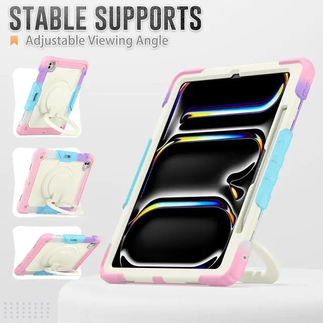 Alt view image 4 of 7 - BONAEVER Case for iPad Pro 13 Inch M4 7th Generation 2024 A2925 A2926 A3007 with Built-in Screen Protector, 360° Rotating Stand, Pencil Holder, Adjustable Shoulder Strap, Pencil Holder Pink