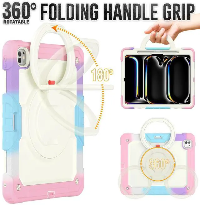 Alt view image 2 of 7 - BONAEVER Case for iPad Pro 13 Inch M4 7th Generation 2024 A2925 A2926 A3007 with Built-in Screen Protector, 360° Rotating Stand, Pencil Holder, Adjustable Shoulder Strap, Pencil Holder Pink