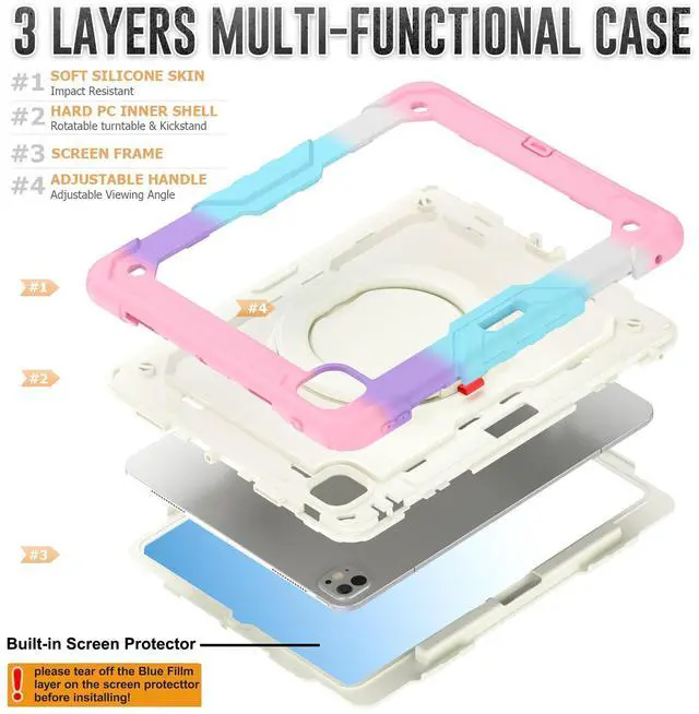 Alt view image 5 of 7 - BONAEVER Case for iPad Pro 13 Inch M4 7th Generation 2024 A2925 A2926 A3007 with Built-in Screen Protector, 360° Rotating Stand, Pencil Holder, Adjustable Shoulder Strap, Pencil Holder Pink