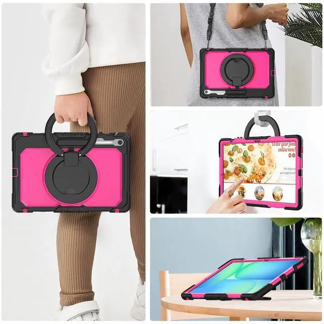 Alt view image 6 of 7 - BONAEVER Case for Samsung Galaxy Tab S10 FE+ / Galaxy Tab S10 FE Plus 5G 13.1 inch 2025 Protective Cover with Screen Protector Pen Holder Hand/Shoulder Strap Rose Red