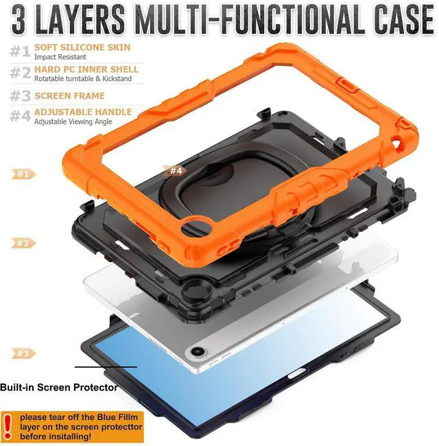Alt view image 5 of 7 - BONAEVER Case for Lenovo Tab 10.1 inch 2025 Model TB311FU TB311XU with Screen Preotector Pencil Holder Shockproof Rugged Cover with Kickstand Hand Strap Shoulder Strap Orange