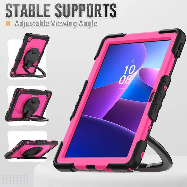 Alt view image 4 of 7 - BONAEVER Case for Lenovo Tab 10.1 inch 2025 Model TB311FU TB311XU with Screen Preotector Pencil Holder Shockproof Rugged Cover with Kickstand Hand Strap Shoulder Strap Rose Red