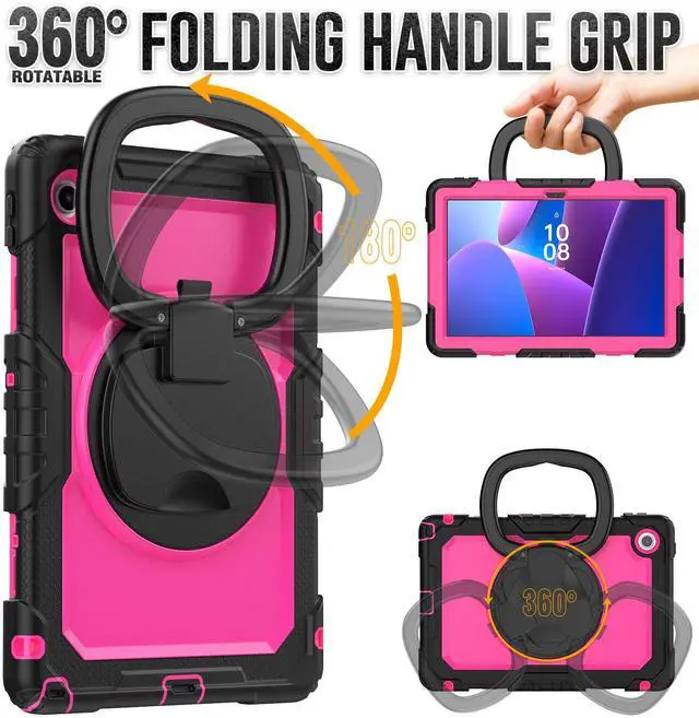 Alt view image 2 of 7 - BONAEVER Case for Lenovo Tab 10.1 inch 2025 Model TB311FU TB311XU with Screen Preotector Pencil Holder Shockproof Rugged Cover with Kickstand Hand Strap Shoulder Strap Rose Red