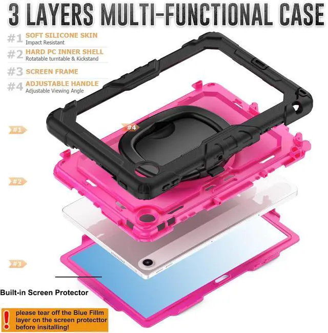 Alt view image 5 of 7 - BONAEVER Case for Lenovo Tab 10.1 inch 2025 Model TB311FU TB311XU with Screen Preotector Pencil Holder Shockproof Rugged Cover with Kickstand Hand Strap Shoulder Strap Rose Red