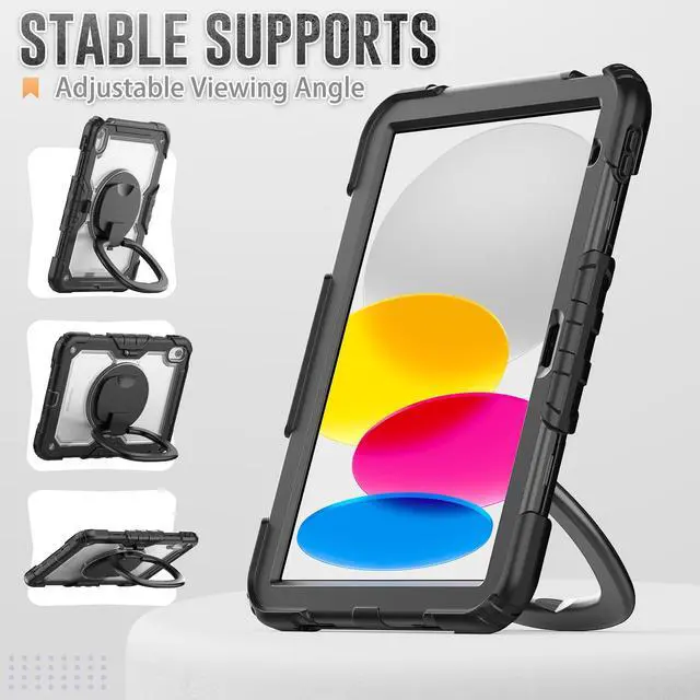Alt view image 4 of 7 - BONAEVER Case for iPad (A16) 11th Generation 11 Inch 2025, iPad 10th Generation 10.9 inch 2022, Shockproof Cover with Screen Protector, Rotating Stand, Hand/Shoulder Strap, Stylus Pen Transparent