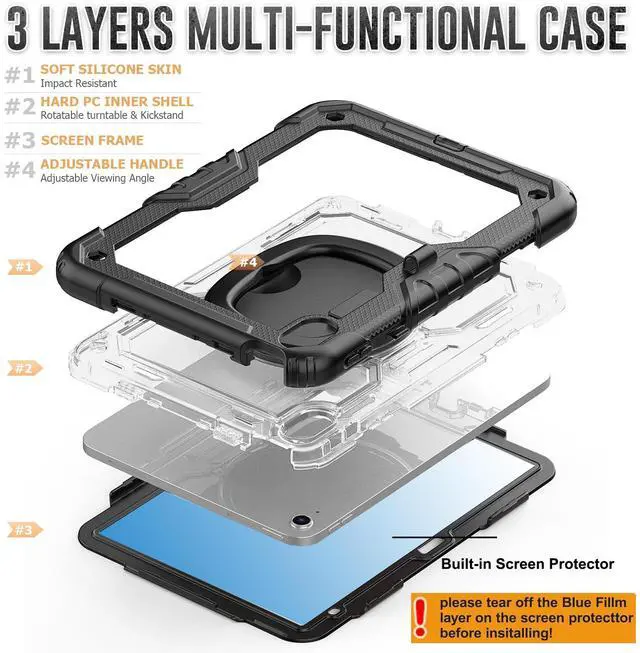 Alt view image 5 of 7 - BONAEVER Case for iPad (A16) 11th Generation 11 Inch 2025, iPad 10th Generation 10.9 inch 2022, Shockproof Cover with Screen Protector, Rotating Stand, Hand/Shoulder Strap, Stylus Pen Transparent