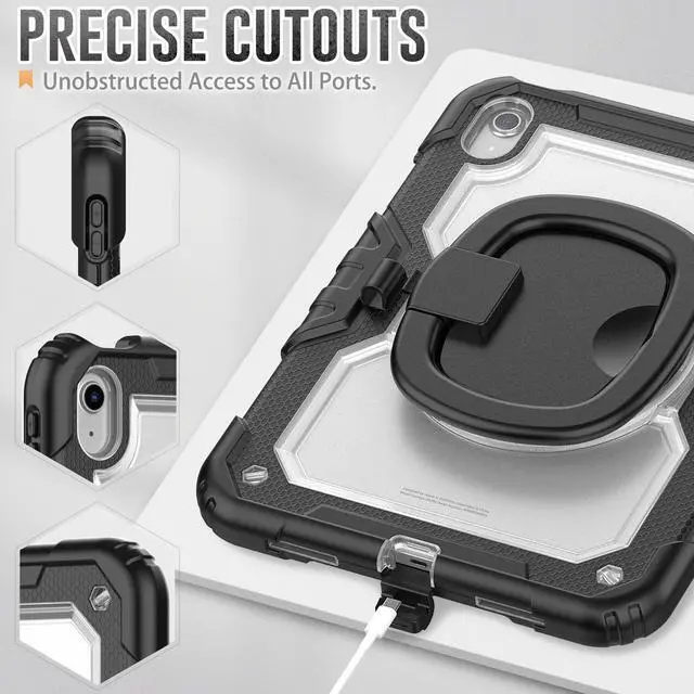 Alt view image 6 of 7 - BONAEVER Case for iPad (A16) 11th Generation 11 Inch 2025, iPad 10th Generation 10.9 inch 2022, Shockproof Cover with Screen Protector, Rotating Stand, Hand/Shoulder Strap, Stylus Pen Transparent