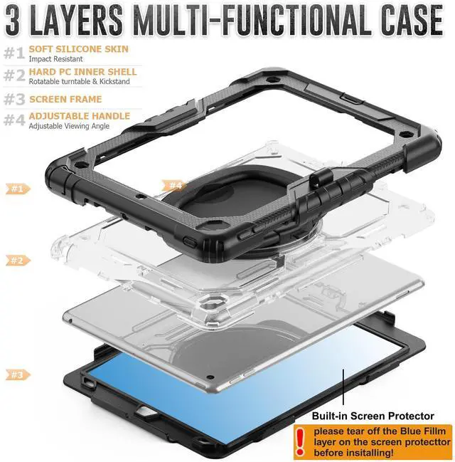 Alt view image 5 of 7 - BONAEVER For iPad 9th 8th 7th Generation Case 10.2 inch with Screen Protector Pencil Holder [360 Rotating Hand Strap] & Stand Drop-Proof Cover for iPad 10.2 inch 2021 2020 2019 Transparent