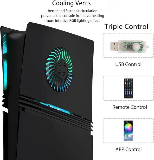 Alt view image 5 of 7 - BONAEVER Faceplate for PS5 Pro Digital Edition with RGB Light Strip and Dust Filter with Cooling Vents DOBEWINGDELOU 400+ Effects LED Light Ring Console Face Plate Cover DIY Decoration Kit Accessories