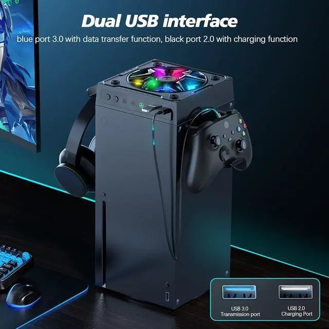 Alt view image 3 of 7 - BONAEVER Cooling Fan for Xbox Series X Console, Low Noise Top Fan Cooler with RGB Light, Auto Cooling Fan Proof Top Cooler 2 USB Port with 6 Colorful RGB Lights