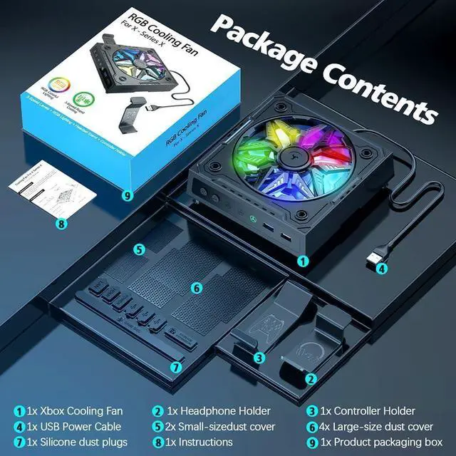 Alt view image 7 of 7 - BONAEVER Cooling Fan for Xbox Series X Console, Low Noise Top Fan Cooler with RGB Light, Auto Cooling Fan Proof Top Cooler 2 USB Port with 6 Colorful RGB Lights
