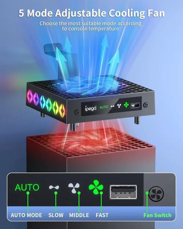 Alt view image 2 of 7 - BONAEVER Cooling Fan for Xbox Series X, Auto Mode Cooling System for Xbox Series X Accessories with 9 Colorful RGB Lights, Cooler for Xbox Series X Console with Headset Holder, USB Port, Low Noise
