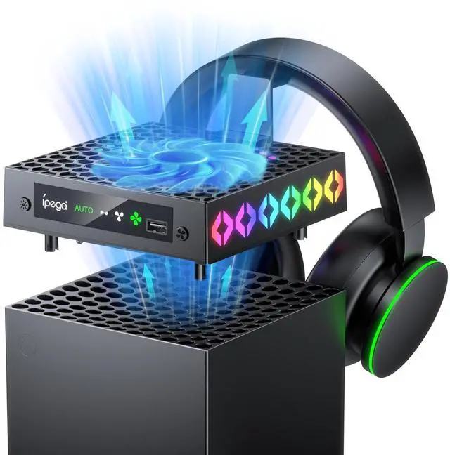 Main image of BONAEVER Cooling Fan for Xbox Series X, Auto Mode Cooling System for Xbox Series X Accessories with 9 Colorful RGB Lights, Cooler for Xbox Series X Console with Headset Holder, USB Port, Low Noise
