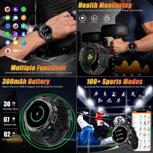 Alt view image 6 of 7 - BONAEVER Military Smart Watch for Men 3ATM Waterproof Rugged Smart Watch with Bluetooth Call Flashlight 1.45" Big Screen Fitness Tracker Heart Rate Sleep Monitor Sports Smartwatch for iPhone Addroid
