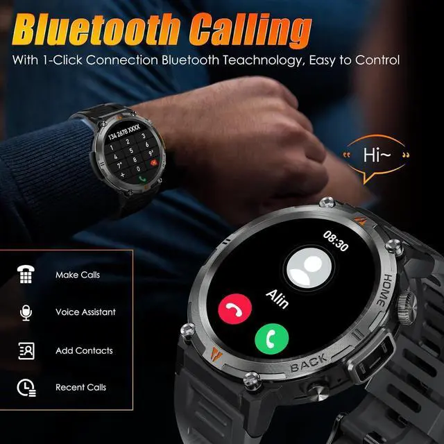 Alt view image 4 of 7 - BONAEVER Military Smart Watch for Men 3ATM Waterproof Rugged Smart Watch with Bluetooth Call Flashlight 1.45" Big Screen Fitness Tracker Heart Rate Sleep Monitor Sports Smartwatch for iPhone Addroid