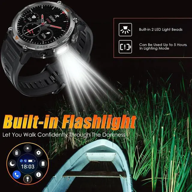 Alt view image 3 of 7 - BONAEVER Military Smart Watch for Men 3ATM Waterproof Rugged Smart Watch with Bluetooth Call Flashlight 1.45" Big Screen Fitness Tracker Heart Rate Sleep Monitor Sports Smartwatch for iPhone Addroid