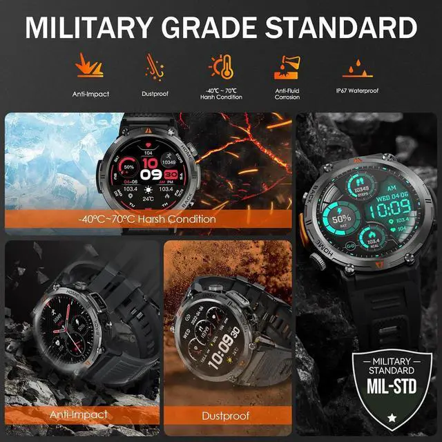 Alt view image 5 of 7 - BONAEVER Military Smart Watch for Men 3ATM Waterproof Rugged Smart Watch with Bluetooth Call Flashlight 1.45" Big Screen Fitness Tracker Heart Rate Sleep Monitor Sports Smartwatch for iPhone Addroid