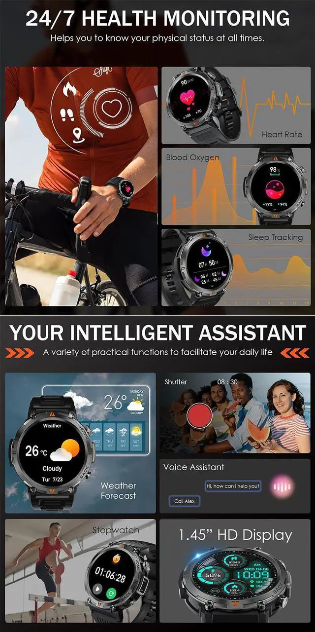 Alt view image 7 of 7 - BONAEVER Military Smart Watch for Men 3ATM Waterproof Rugged Smart Watch with Bluetooth Call Flashlight 1.45" Big Screen Fitness Tracker Heart Rate Sleep Monitor Sports Smartwatch for iPhone Addroid